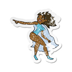 retro distressed sticker of a cartoon superhero woman pointing