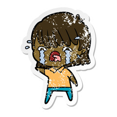 distressed sticker of a cartoon girl crying