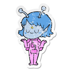 distressed sticker of a cartoon alien girl