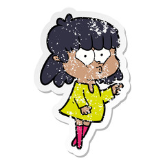 distressed sticker of a cartoon whistling girl