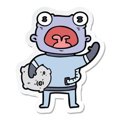 sticker of a cartoon weird alien communicating