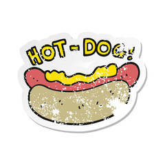 retro distressed sticker of a cartoon hotdog