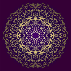 Design Floral Mandala Ornament. Vector Illustration. For Coloring Book, Greeting Card, Invitation, Tattoo. Anti-Stress Therapy Pattern. Luxury purple gold color