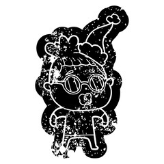 cartoon distressed icon of a woman wearing spectacles wearing santa hat