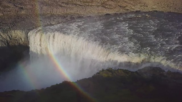 Aerial over Dettifoss, Iceland, one of the most remarkable waterfalls in the world.