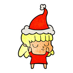 textured cartoon of a indifferent woman wearing santa hat
