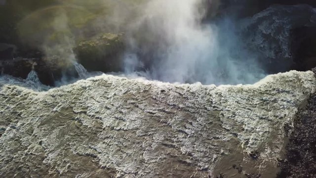 Aerial over Dettifoss, Iceland, one of the most remarkable waterfalls in the world.