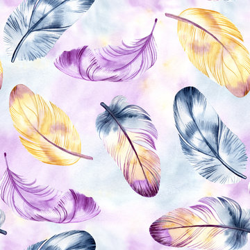 Vintage feathers design. Retro watercolour seamless pattern. Isolated on watercolor background. It can be used for card, postcard, cover, invitation, wedding card, mothers day card, birthday card