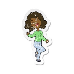 retro distressed sticker of a cartoon happy woman dancing