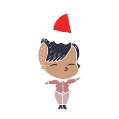 flat color illustration of a squinting girl wearing santa hat