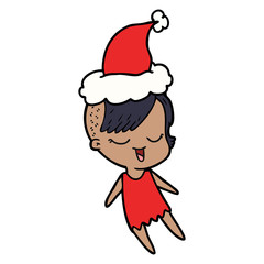 happy line drawing of a girl wearing santa hat
