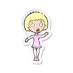 retro distressed sticker of a cartoon waving woman