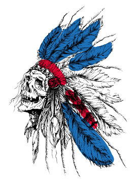 Native American peple in national hat,skull,tattoo on a white background