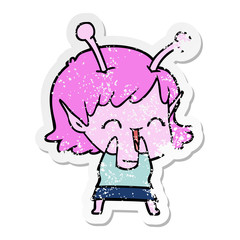 distressed sticker of a cartoon alien girl laughing