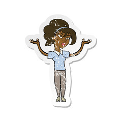 retro distressed sticker of a cartoon woman raising hands in air