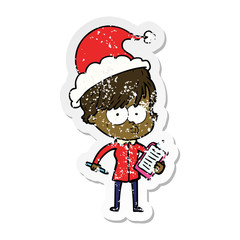 distressed sticker cartoon of a woman wearing santa hat