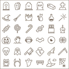 Simple Set of Halloween Related Line Icons.  Collection Of tombstone, witch hat, cat, vampire, scythe And Other Elements. customize color, stroke width control , easy resize.