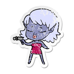 distressed sticker of a pretty cartoon alien girl with ray gun