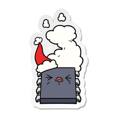 sticker cartoon of a overheating computer chip wearing santa hat