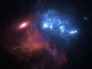 Nebula and galaxies in infinite space - starfield, stars and space dust scattered throughout a vast universe. Swirling black hole, burst of light from birth of stars, illustration, cosmic artwork.