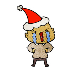 textured cartoon of a crying bald man wearing santa hat