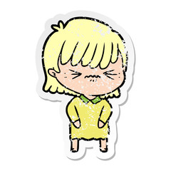 distressed sticker of a annoyed cartoon girl