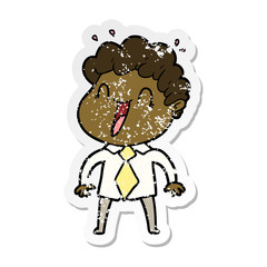 distressed sticker of a cartoon happy man