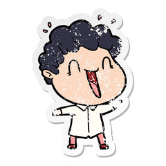 distressed sticker of a cartoon happy man