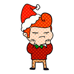comic book style illustration of a cool guy with fashion hair cut wearing santa hat