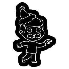 cartoon icon of a stressed out pointing wearing santa hat