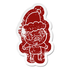 cartoon distressed sticker of a bearded man crying wearing santa hat