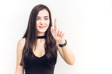Business woman touching screen to empty copy space isolated on white background