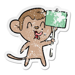 distressed sticker of a crazy cartoon monkey with sign