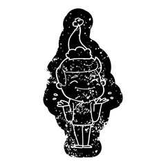 happy cartoon distressed icon of a man shrugging wearing santa hat