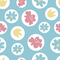 Seamless pattern with flowers, vector illustration. blue background with circles and flowers from spring garden collections