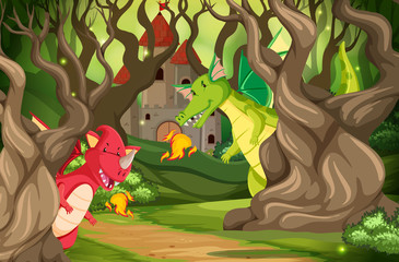 Dragons in castle wood scene