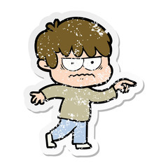 distressed sticker of a annoyed cartoon boy