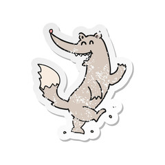 retro distressed sticker of a cartoon happy wolf dancing