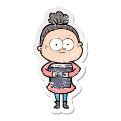 distressed sticker of a cartoon happy old woman