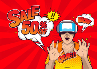 sale pop-art design, VR virtual reality technology, glasses and headset ,vector illustration.