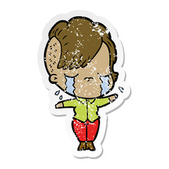 distressed sticker of a cartoon crying girl