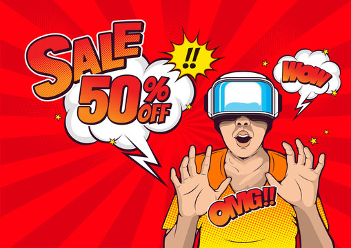 Fototapeta sale pop-art design, VR virtual reality technology, glasses and headset ,vector illustration.
