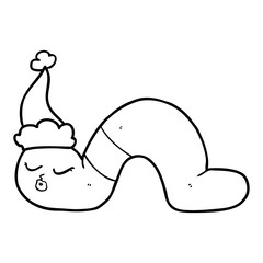 line drawing of a worm wearing santa hat