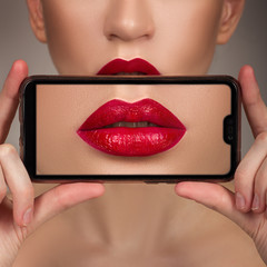 Close-up perfect natural lip makeup beautiful female mouth. Macro photo face detail.