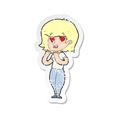 retro distressed sticker of a cartoon woman in love