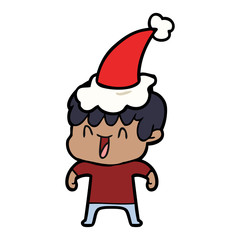 line drawing of a laughing boy wearing santa hat