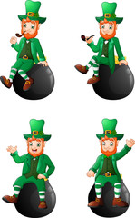 Set of Cartoon leprechaun sitting on the pot in different poses