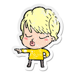 distressed sticker of a cartoon woman with eyes shut