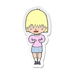 sticker of a cartoon woman making Who Me gesture