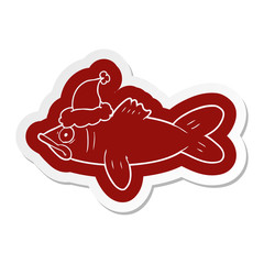 cartoon  sticker of a fish wearing santa hat